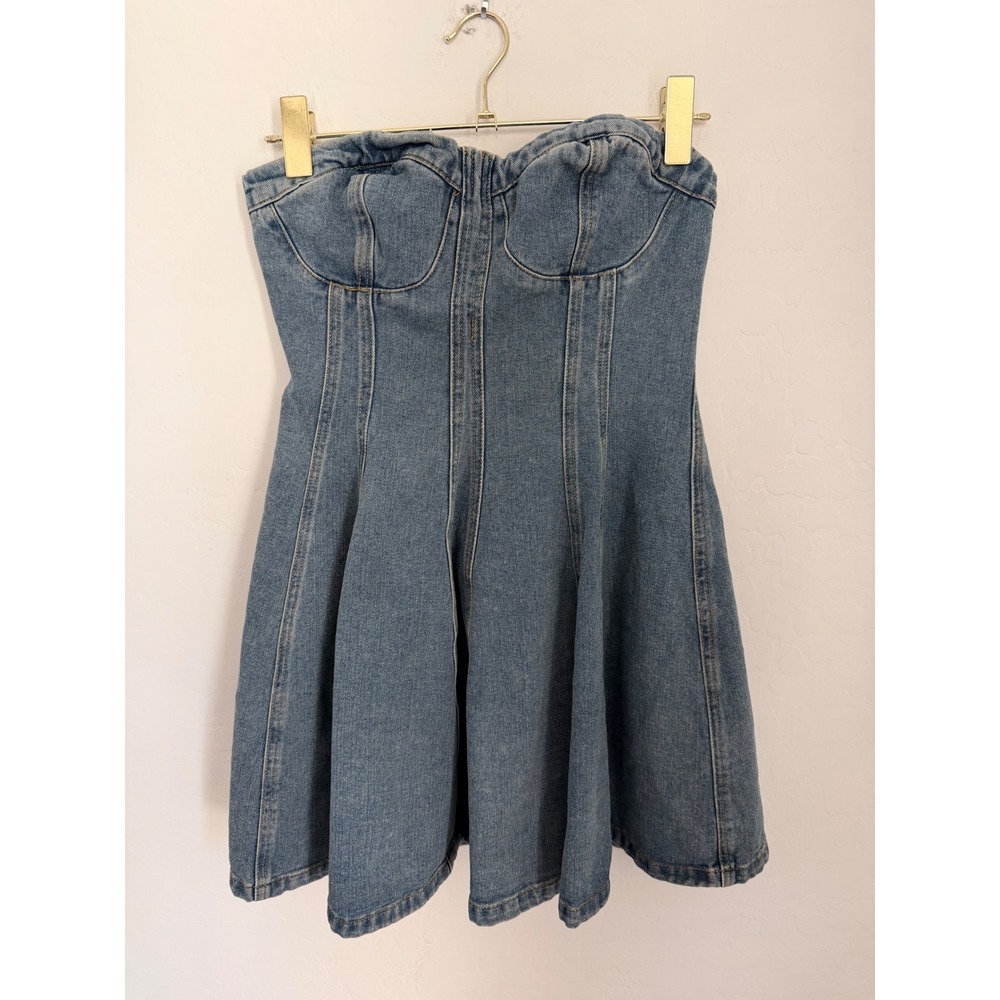 Forever 21 Denim Corset Mini Dress Medium Wash Strapless Skater Bohemian Blue L